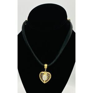 1928 Brand Gold Tone Heart Pendant Necklace Rhinestone Black Cord